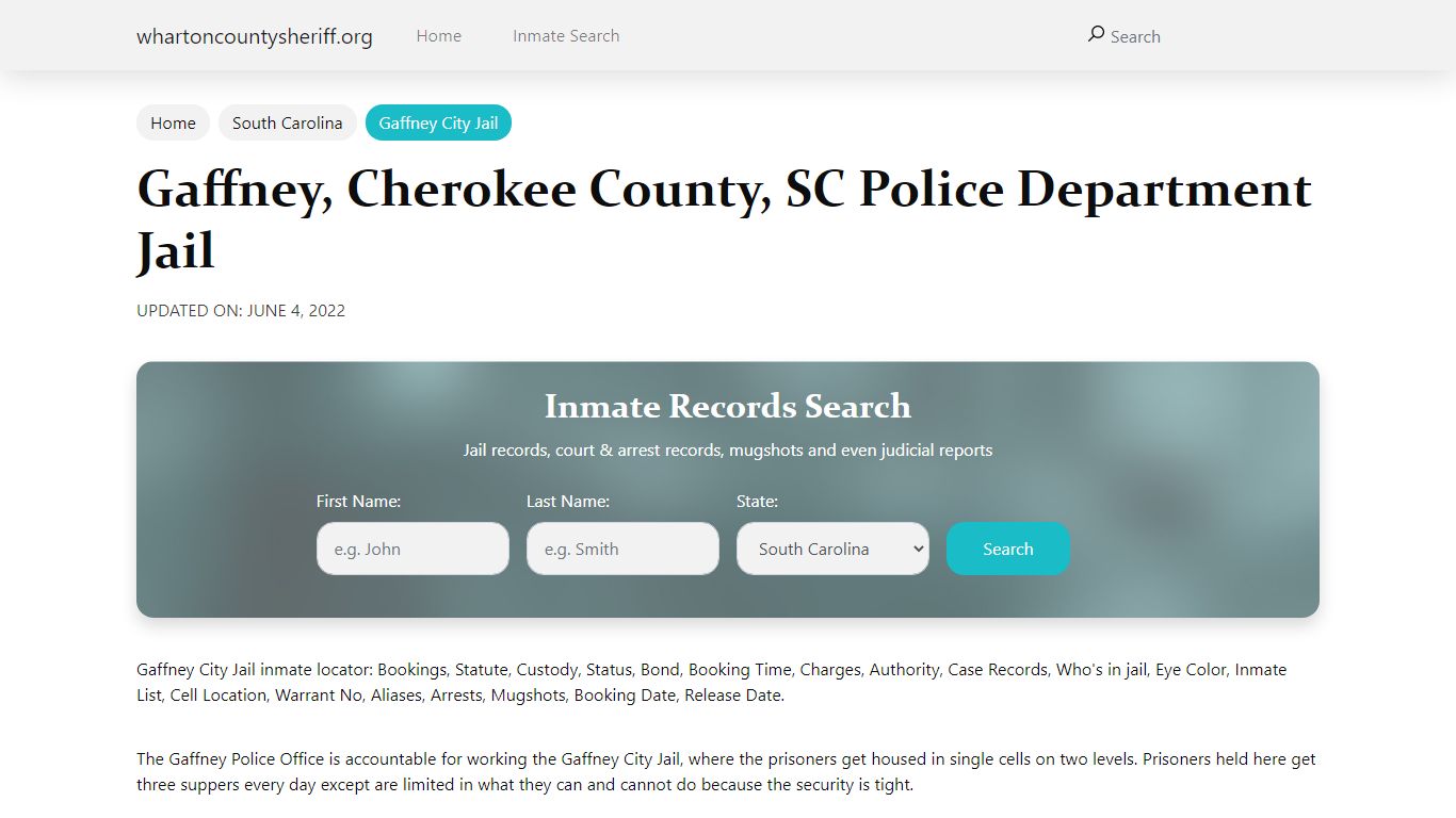 Gaffney, SC City Jail Inmates, Arrests